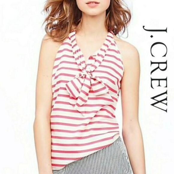 J.Crew Womens Red & White Striped Halter Top Bow Tie Neck Size 0 100% Silk - Picture 2 of 6